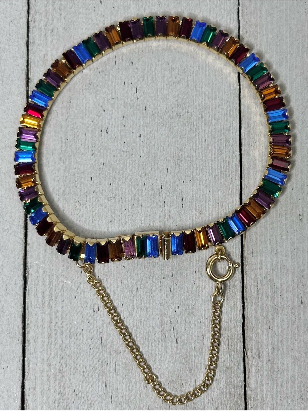 Vintage Gold Tone Rainbow Baguette Rhinestone Tennis Bracelet 7.5” Safety Chain